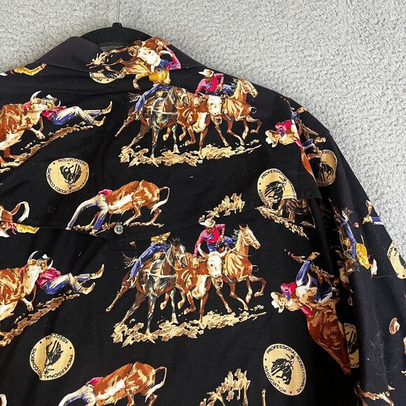 VTG Wrangler PRCA Shirt Mens 17 1/2 36 Black Button All Over Print Rodeo Ranch - Picture 8 of 13